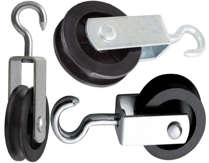75 mm 12 mm diameter hang katrol met spitste haak - hangkatrol - trekkatrol - haakkatrol - ophangkatrol - katrollen