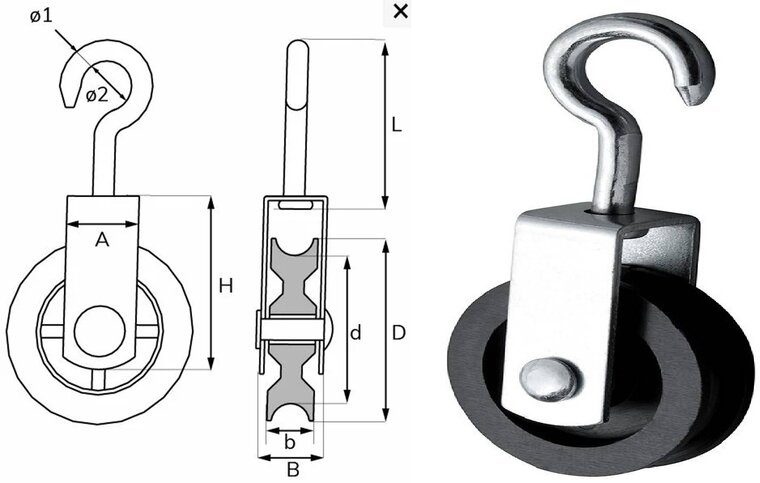 75 mm 12 mm diameter hang katrol met spitste haak - hangkatrol - trekkatrol - haakkatrol - ophangkatrol - katrollen