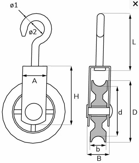 50 mm 11&nbsp;mm diameter hang katrol met spitste haak - hangkatrol - trekkatrol - haakkatrol - ophangkatrol - katrollen