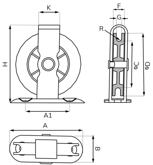 50 mm 3.5mm diameter kabel dwarskatrol -&nbsp;katrol met voetplaat - trekkatrol - touwkatrol - staalkabelkatrol - lierkatrol 