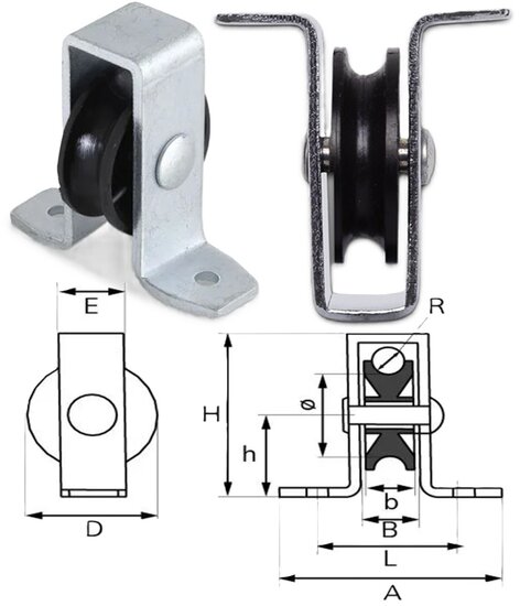 6 mm diameter kabel 25 mm staande katrol -&nbsp;katrol met voetplaat - hijskatrol - geleidekatrol - open behuizing katrollen