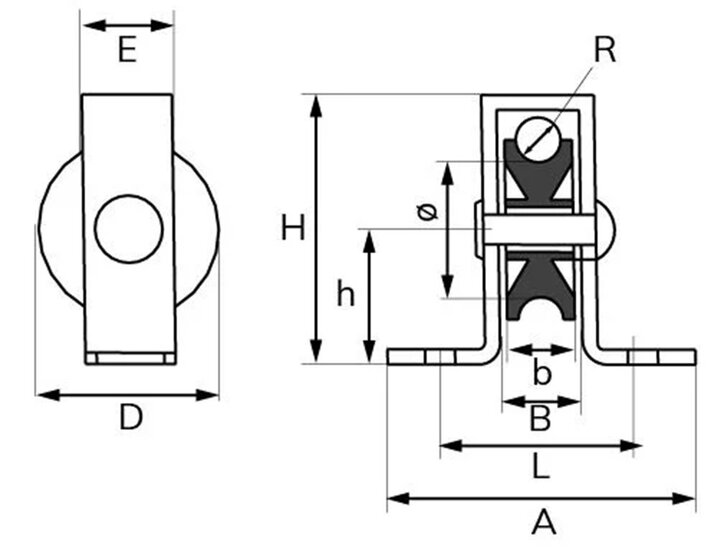 6 mm diameter kabel 25 mm staande katrol -&nbsp;katrol met voetplaat - hijskatrol - geleidekatrol - open behuizing katrollen