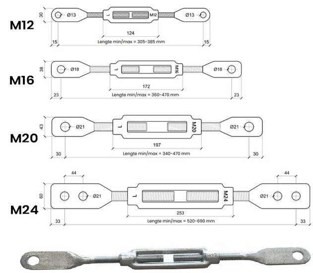 m12 spanner met bladeind verzinkt&nbsp;- bladeindspanner - windverpandspanner - schoorspanner - draadspanner