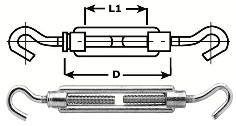 &nbsp;m5&nbsp;x 70&nbsp;mm spanschroef Haak-haak verzinkt - draadspanner - schroefspanner - spanwartel - windverbandspann