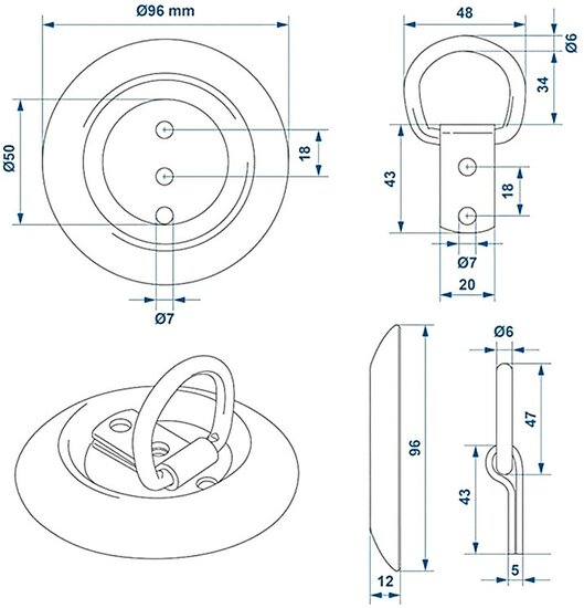 96 mm ronde vloerring met bevestigingsring 34 mm x 48 mm - opbouw vloeranker - vloeroog - bindoog - aanhangeroog- sjoroog