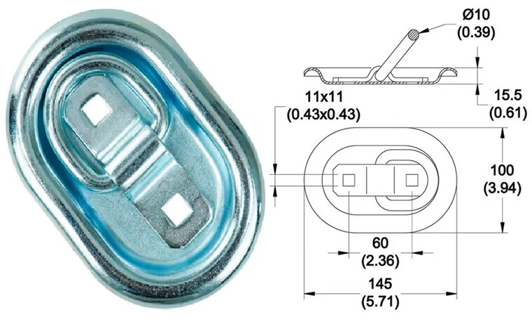 145 x 100 ovale verzinkte vloerring - verzonken sjoroog - vloeroog - bindoog - vloeranker - aanhanger bindring