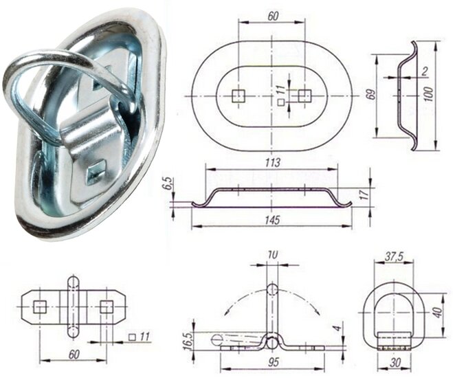 145 x 100 ovale verzinkte vloerring - verzonken sjoroog - vloeroog - bindoog - vloeranker - aanhanger bindring
