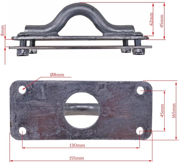 155 x 65 mm en 43 mm hoog wandoog&nbsp;met tegenplaat - wandanker - bindoog &nbsp;- sjoroog - vastzetoog - vloerring voor de aanhanger