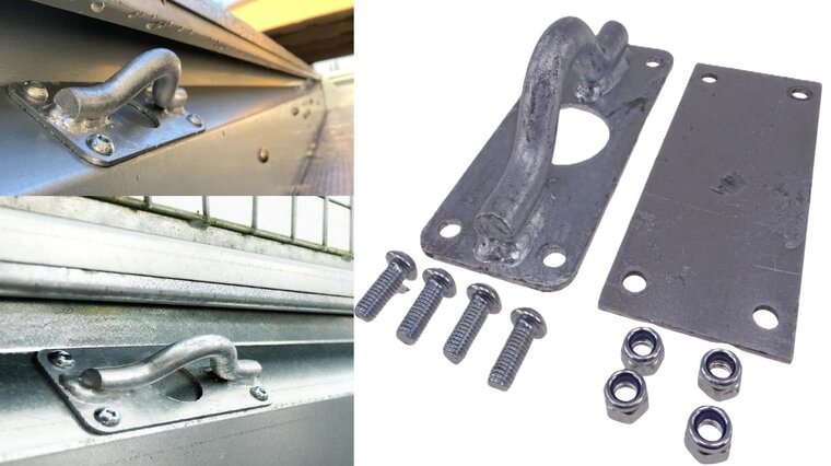 155 x 65 mm en 43 mm hoog wandoog&nbsp;met tegenplaat - wandanker - bindoog &nbsp;- sjoroog - vastzetoog - vloerring voor de aanhanger