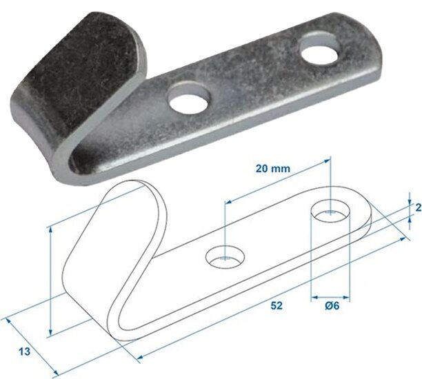 52 x 13 x 2 mm verzinkt corrosseriehaak - schroefbaar touwhaak