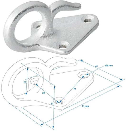 70 x 40 mm gietijzeren touwhaak met oog - bindhaak - bindoog - aanhanger sjoroog - gaaskleed haak