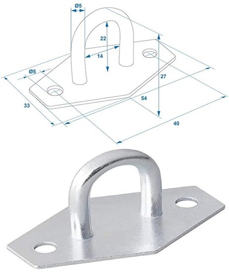 40 X 30 mm verzinkt huifsluiting op voetplaat met 2 schroefogen - bindoog - zeiloog - sjoroog - beugel op voetplaat - spanoog