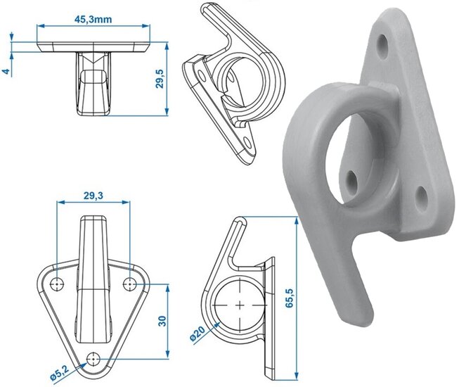 65 x 45 mm nylon - kunstof touwhaak met oog en haak op voetplaat - gaaskleedhaak - bevestigingshaak - montageoog - zeiloog - bi