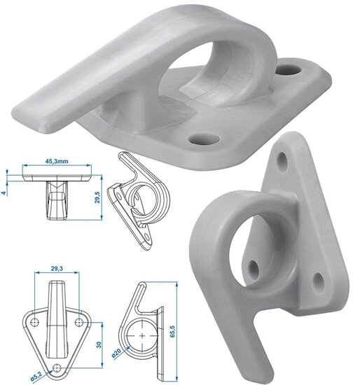 65 x 45 mm nylon - kunstof touwhaak met oog en haak op voetplaat - gaaskleedhaak - bevestigingshaak - montageoog - zeiloog - bi