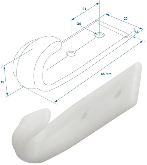 65 x 20 mm wit kunststof nylon&nbsp;touwhaak schroefbevestiging&nbsp;- witte bindhaak voor de aanhanger - sjorhaak - nethaa