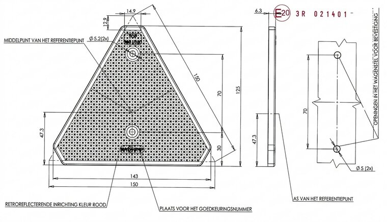 143 x 125 mm driehoek reflector rood -&nbsp;opschroefbare driehoekreflector - aanhangerreflector - reflector met boutverbindi