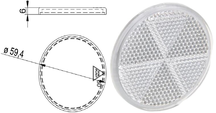 60 mm ronde witte reflector zelfklevend met e 20 keurmerk - reflector rond wit - aanhangerreflector - plakreflector