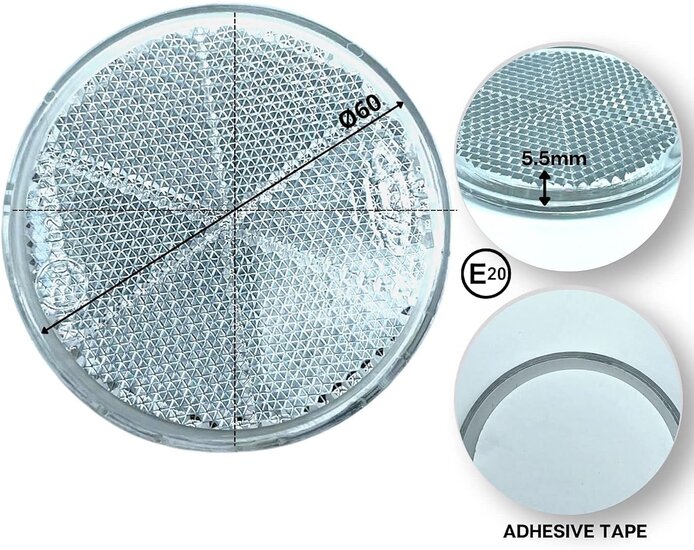 60 mm ronde witte reflector zelfklevend met e 20 keurmerk - reflector rond wit - aanhangerreflector - plakreflector