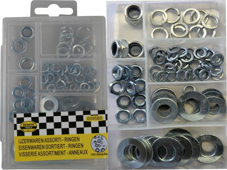 140 delige maten m6 - m8 en m10&nbsp;moeren en sluitringen assortiment - borgmoer - klemring - moer - ringen - veerring