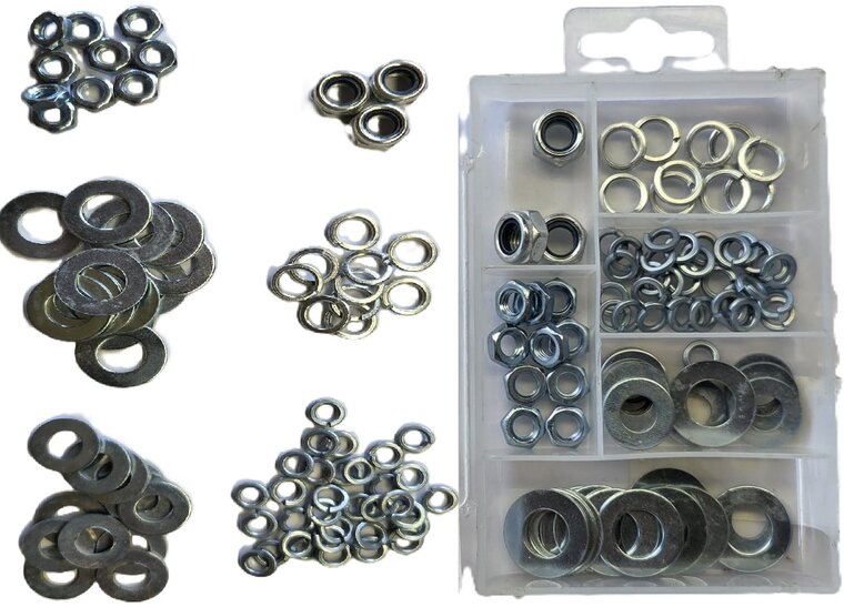 140 delige maten m6 - m8 en m10&nbsp;moeren en sluitringen assortiment - borgmoer - klemring - moer - ringen - veerring