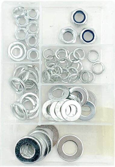 140 delige maten m6 - m8 en m10&nbsp;moeren en sluitringen assortiment - borgmoer - klemring - moer - ringen - veerring