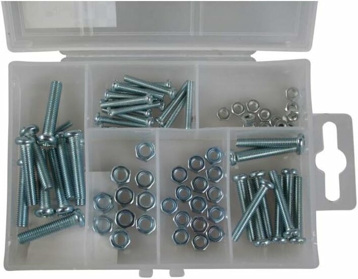 50 delige assortiment doosje m3 - m4 en m5 bouten en moeren met kruiskop - moer en bout - opbergboxje bouten en moeren
