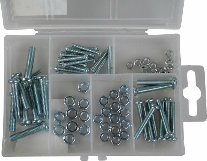 50 delige assortiment doosje m3 - m4 en m5 bouten en moeren met kruiskop - moer en bout - opbergboxje bouten en moeren