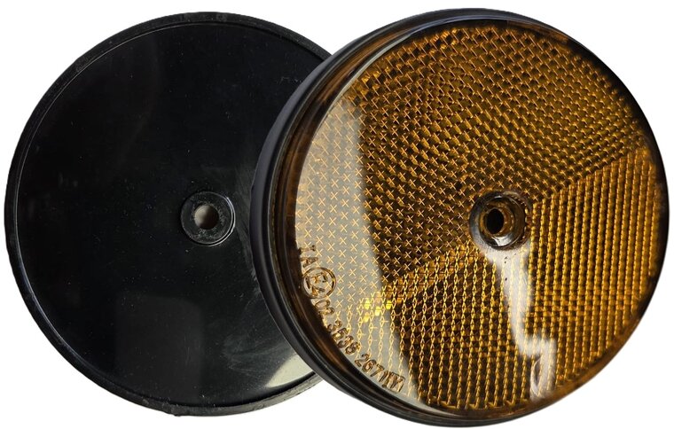 2X 85 mm ronde oranje / amber schroefbare reflector e4 keurmerk - boutbare reflector rond - aanhangerreflector zijkant