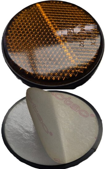 60 mm ronde oranje / amber plak reflector e3 keurmerk - ronde zelfklevende zijreflector radex - voertuigreflector
