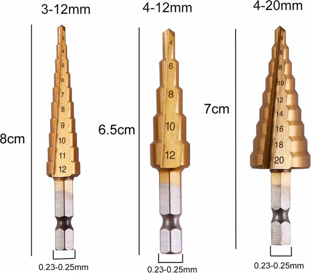 stappenboor 3 tot 12mm - 4 tot 12 mm - 4 tot 20 mm - kegelboor 3 delig - stappenboren - trapboor - ruimers - benson