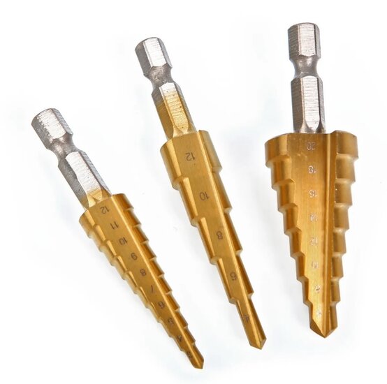 stappenboor 3 tot 12mm - 4 tot 12 mm - 4 tot 20 mm - kegelboor 3 delig - stappenboren - trapboor - ruimers - benson