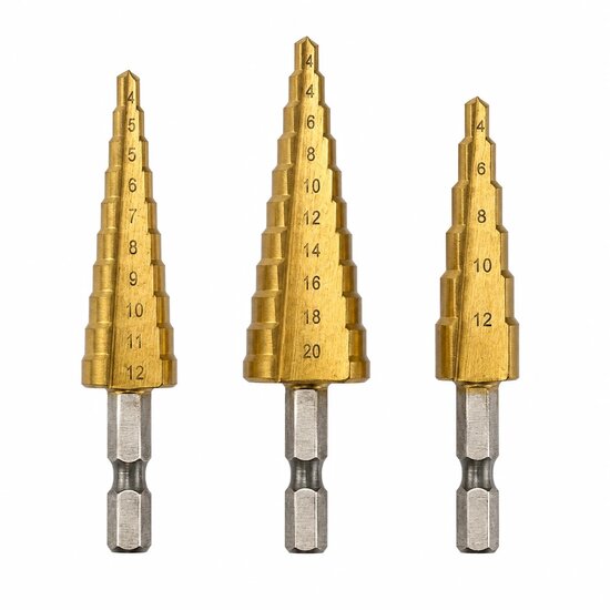 stappenboor 3 tot 12mm - 4 tot 12 mm - 4 tot 20 mm - kegelboor 3 delig - stappenboren - trapboor - ruimers - benson