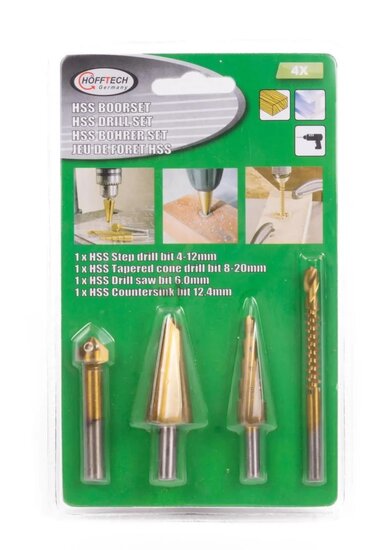 hss boren set 4 delig - stappenboor - freesboor - verzinkboor - kegelboor - borenset - boorset - hofftech