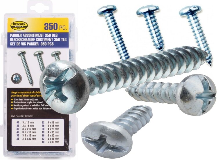 350 delige 13&nbsp;diverse parker schroeven phillips pan-head screws - metaalschroeven - houtschroeven - universeel bolkop schroef