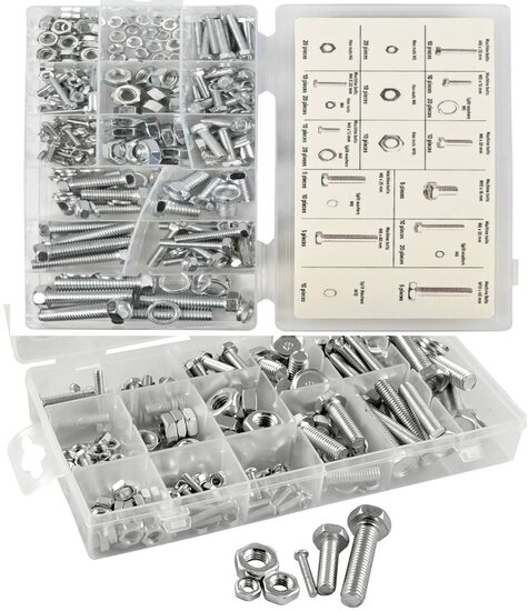 240 delige bouten en moeren set&nbsp; metrischce maten - m4&nbsp;tot m10 bout en moer - machinebouten - sluitringen
