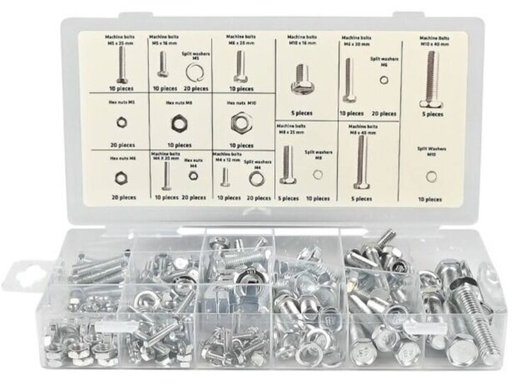 240 delige bouten en moeren set&nbsp; metrischce maten - m4&nbsp;tot m10 bout en moer - machinebouten - sluitringen