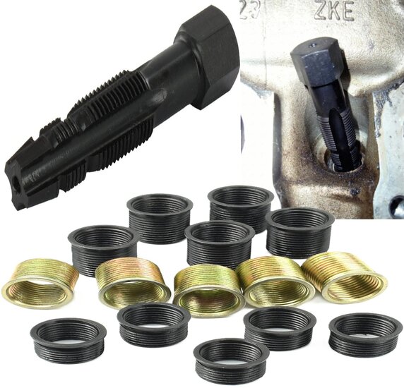 16 delige bougie draadreparatie set met tapse tapbout - m16 x 1,25 - bougiehulzen met inwendig m14 maat - bougiedraadreparatie 