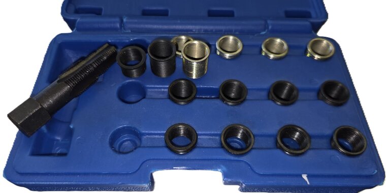 16 delige bougie draadreparatie set met tapse tapbout - m16 x 1,25 - bougiehulzen met inwendig m14 maat - bougiedraadreparatie 