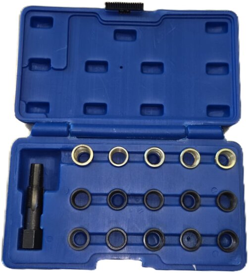 16 delige bougie draadreparatie set met tapse tapbout - m16 x 1,25 - bougiehulzen met inwendig m14 maat - bougiedraadreparatie 