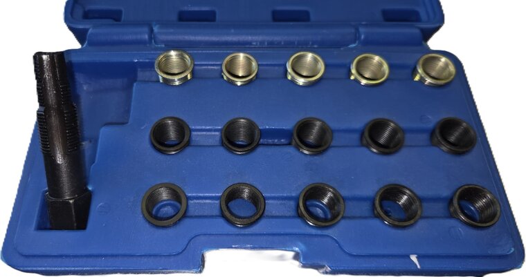16 delige bougie draadreparatie set met tapse tapbout - m16 x 1,25 - bougiehulzen met inwendig m14 maat - bougiedraadreparatie 