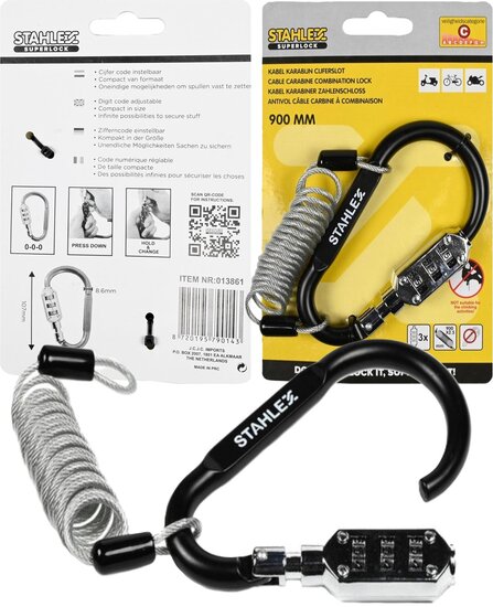900 mm x 2.5 mm stahlex cijfer kabelslot met karabijnhaak - anti diefstal slot - cijferslot - kabel slot - superlock veiligheid