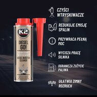 k2 diesel go injector cleaner 250ml - reiniger voor diesel injectoren - rook vermindering - brandstofadditief - uitstoot vermin