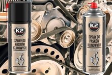 k2 riemspray - v snaar olie om het piepen en geluiden te verminderen - tegen uitdroging - poelieriem onderhoud tegen scheuren -