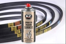 k2 riemspray - v snaar olie om het piepen en geluiden te verminderen - tegen uitdroging - poelieriem onderhoud tegen scheuren -