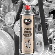 k2 riemspray - v snaar olie om het piepen en geluiden te verminderen - tegen uitdroging - poelieriem onderhoud tegen scheuren -