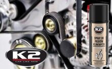k2 riemspray - v snaar olie om het piepen en geluiden te verminderen - tegen uitdroging - poelieriem onderhoud tegen scheuren -
