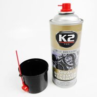 k2 riemspray - v snaar olie om het piepen en geluiden te verminderen - tegen uitdroging - poelieriem onderhoud tegen scheuren -