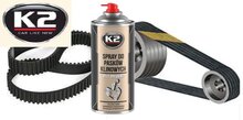 k2 riemspray - v snaar olie om het piepen en geluiden te verminderen - tegen uitdroging - poelieriem onderhoud tegen scheuren -