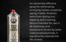 k2 riemspray - v snaar olie om het piepen en geluiden te verminderen - tegen uitdroging - poelieriem onderhoud tegen scheuren -