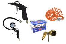 luchtgereedschap set - 6 delig - blaaspistool - bandenpomp - spiraal-slang - 3 adapters - geko
